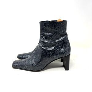 90s Leather Pointed Square Toe Italian Boots Floral Embossed Grey Blue Size 8B